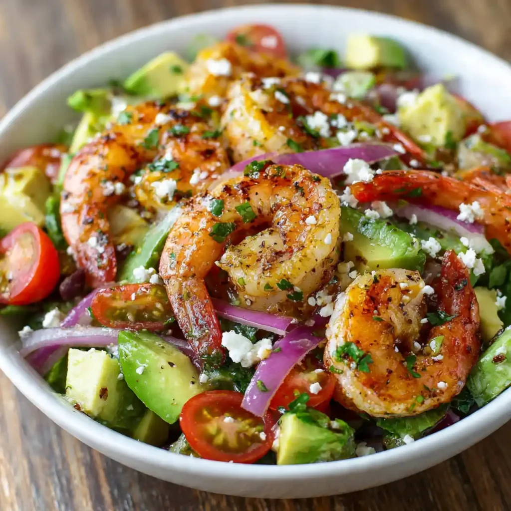 close up of Mediterranean shrimp and avocado salad