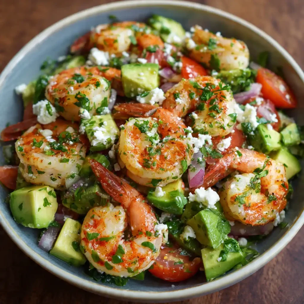 Mediterranean shrimp and avocado salad served fresh