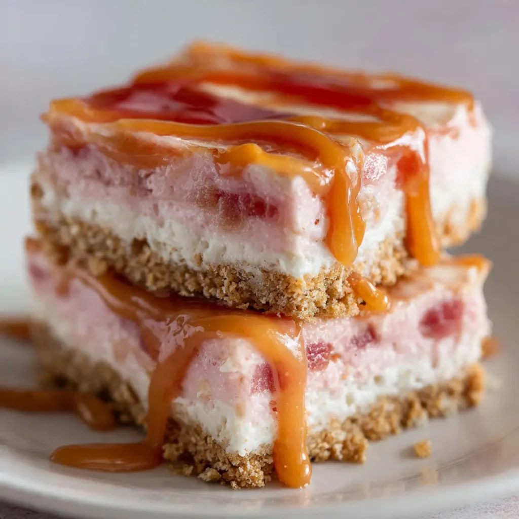 Close-up of no bake rhubarb cheesecake square