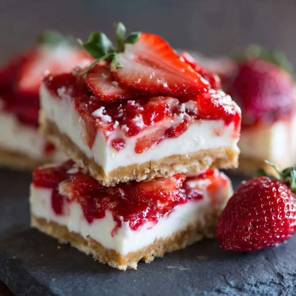 close up of no bake strawberry cheesecake bars layers
