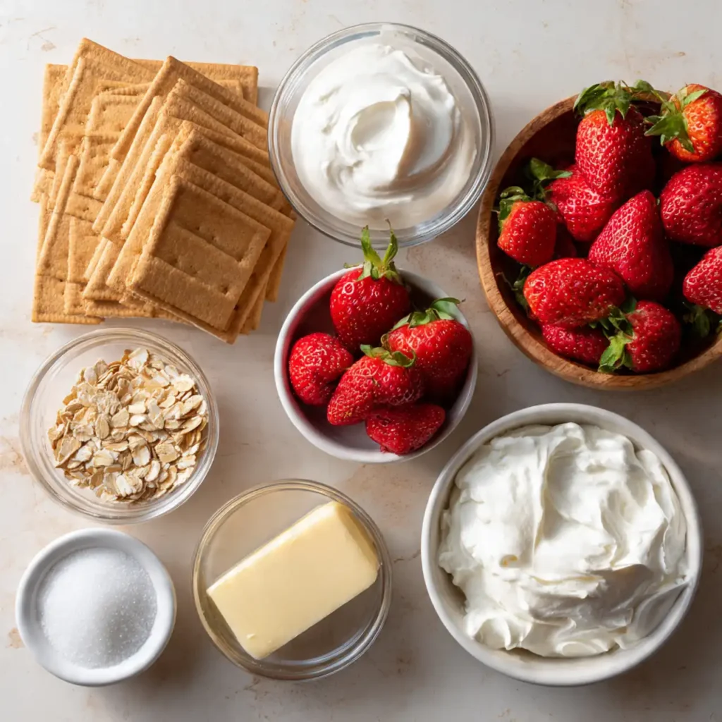 ingredients for easy no bake strawberry cheesecake bars on counter
