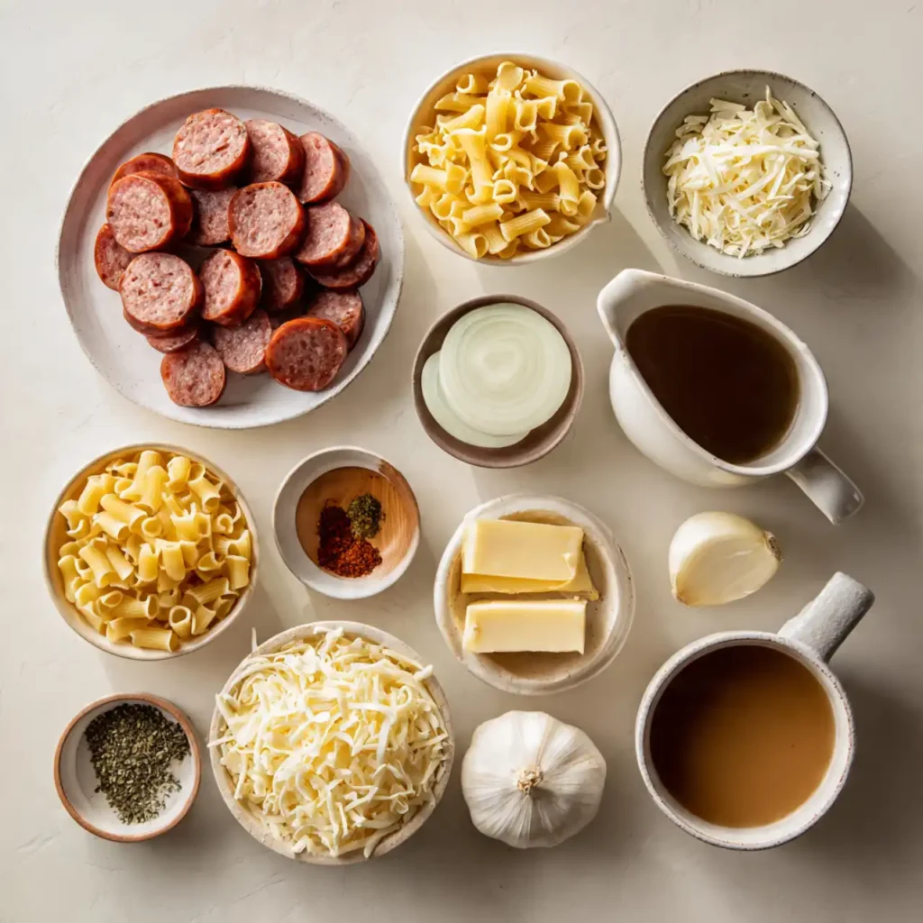Ingredients for one pot cheesy sausage pasta