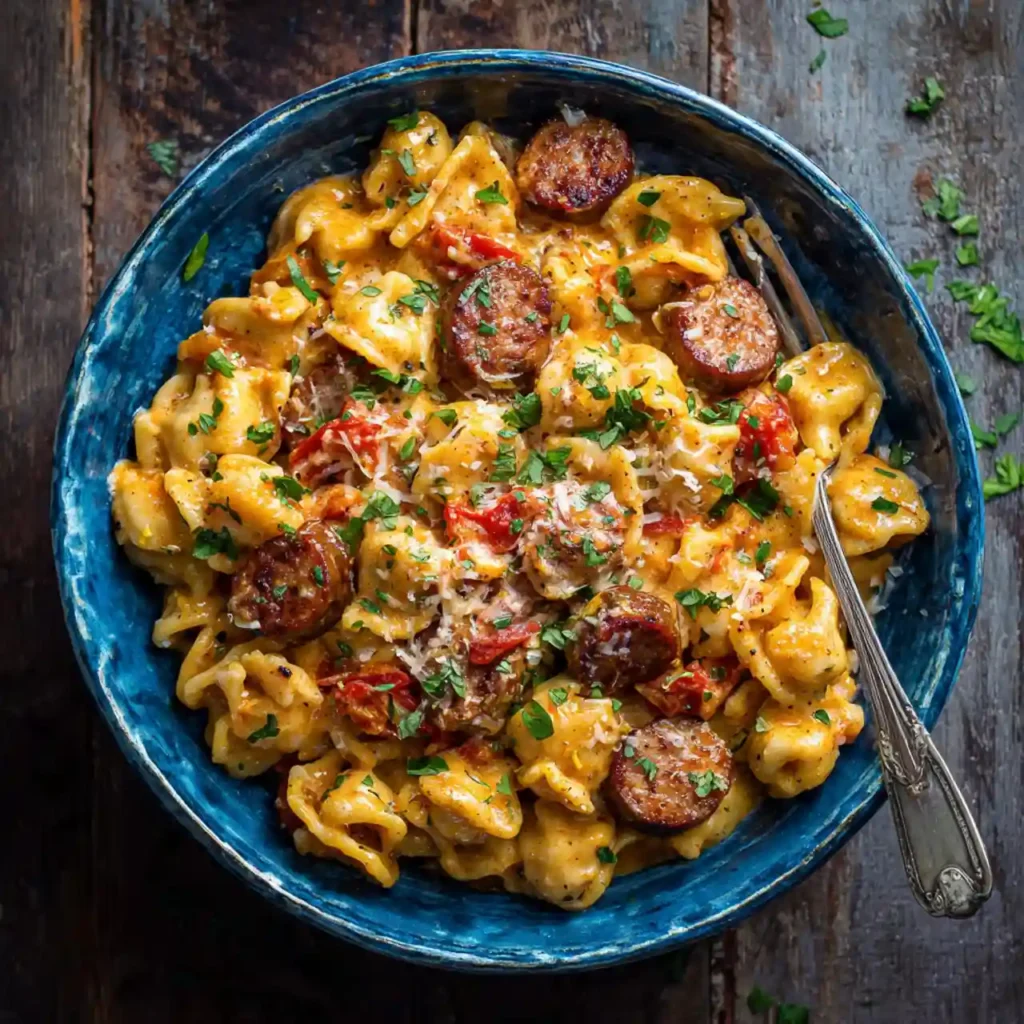 one pot cheesy sausage pasta served
