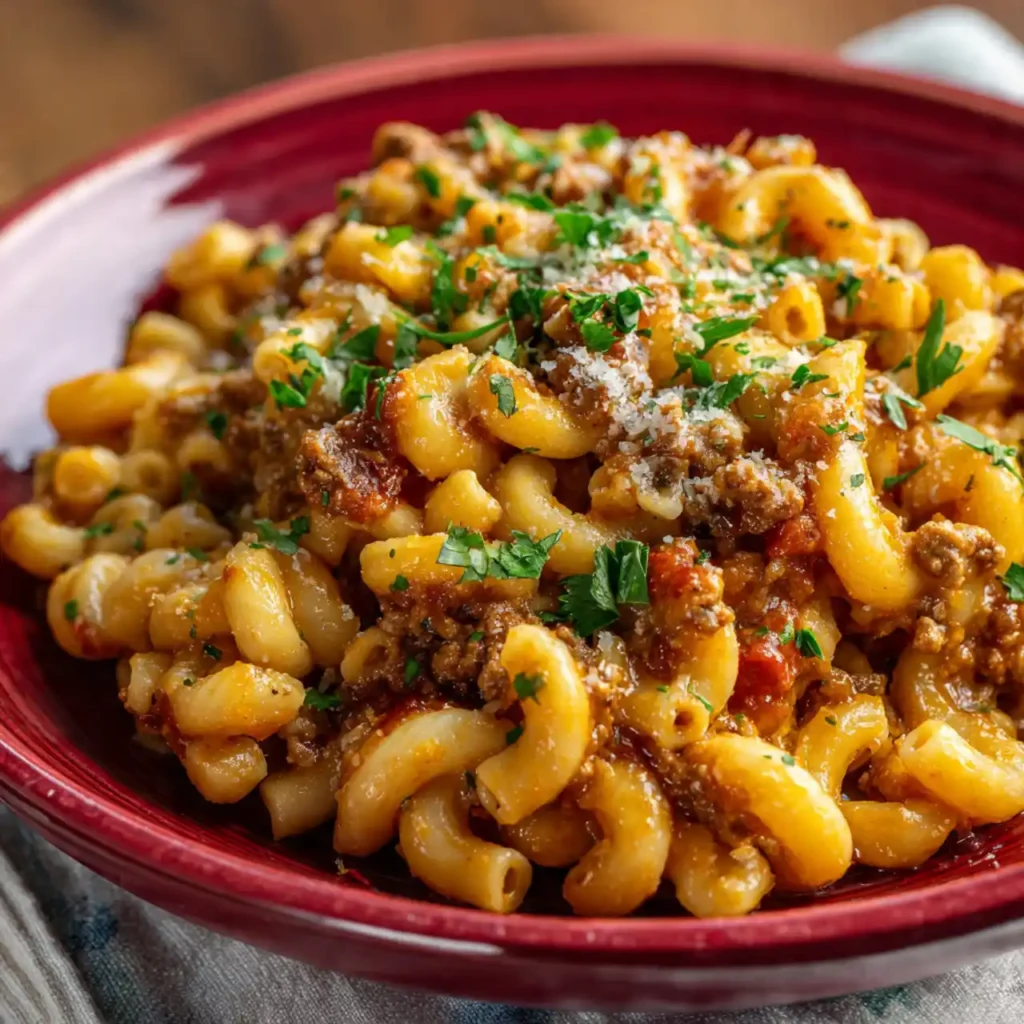 Close-up of cheesy chili mac and cheese with herbs and spices