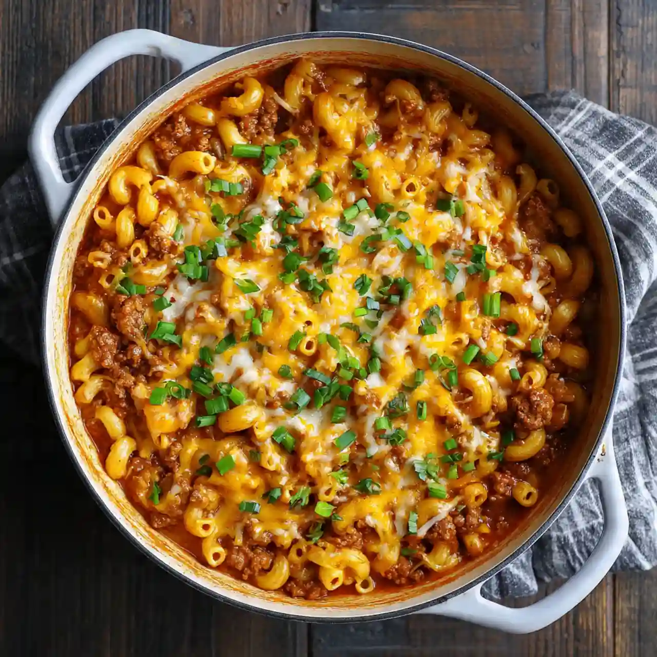 One pot chili mac and cheese in a skillet, topped with melted cheese and fresh herbs