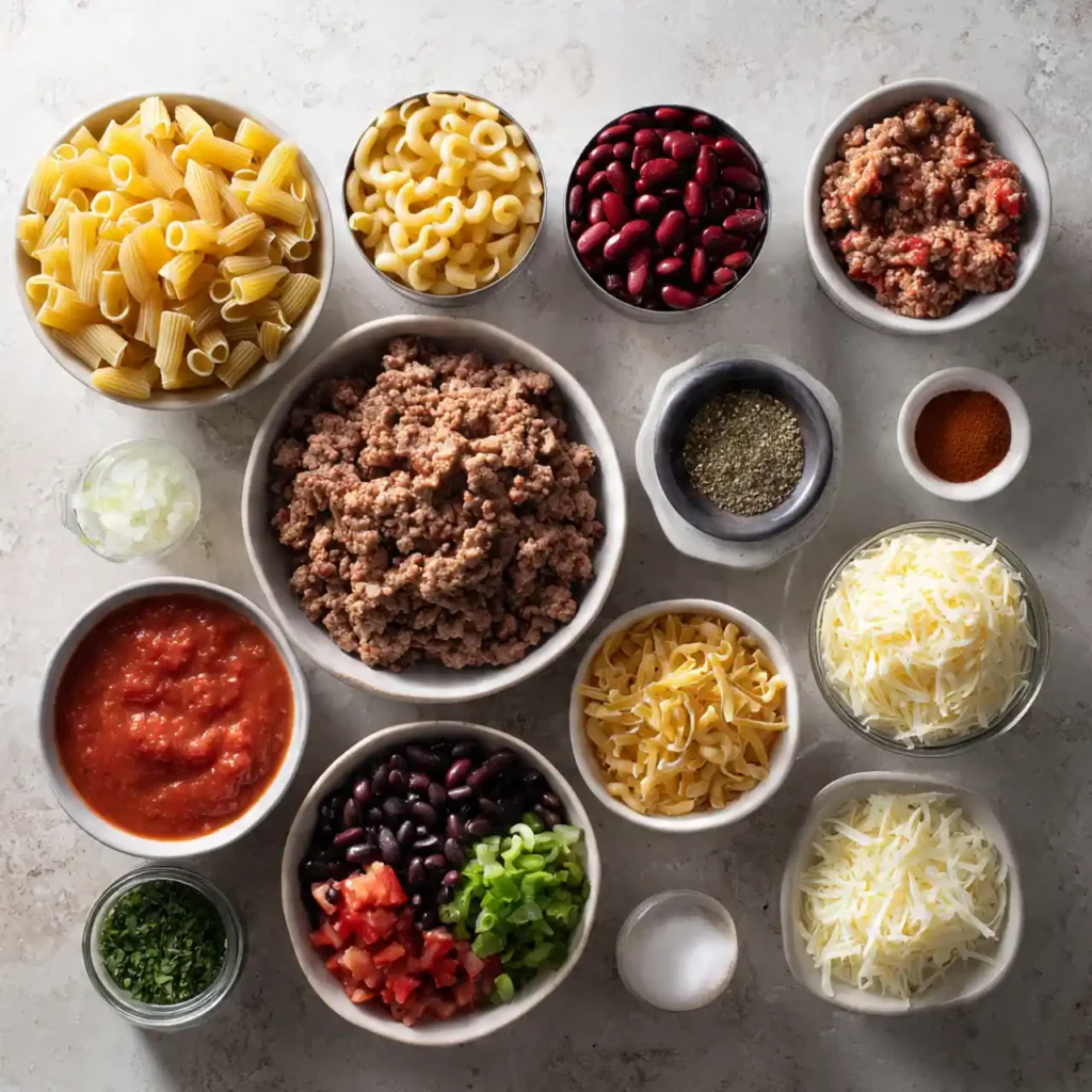 Ingredients for one pot chili mac and cheese on a counter