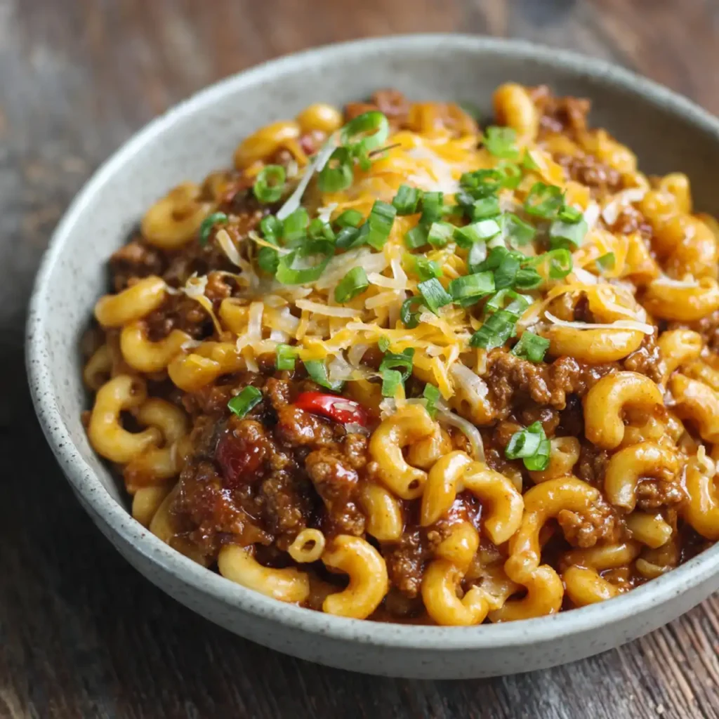 Served one pot chili mac and cheese in a bowl, ready to eat