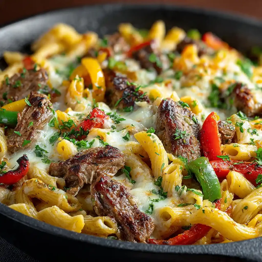 close up of Philly cheesesteak pasta skillet