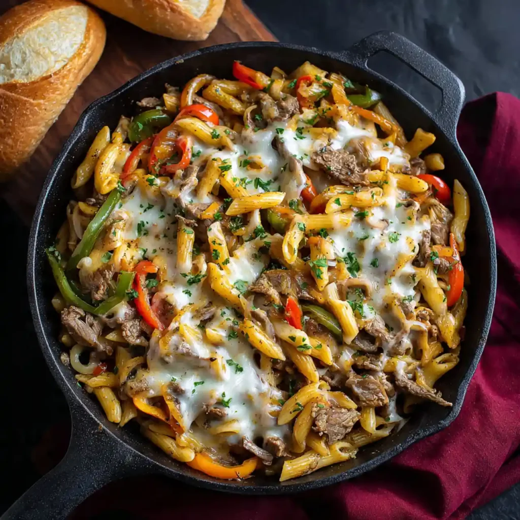 Philly cheesesteak pasta skillet served hot