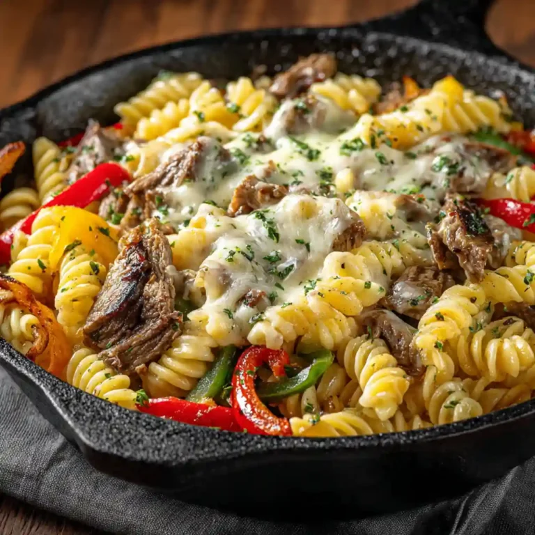 Philly cheesesteak pasta skillet with melted cheese