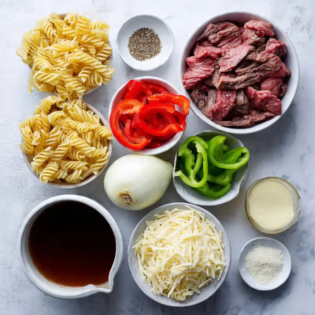 ingredients for Philly cheesesteak pasta skillet