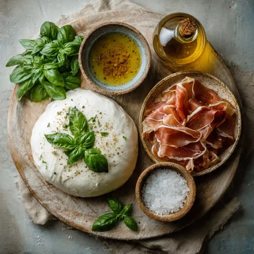 Ingredients for prosciutto and honey burrata pizza