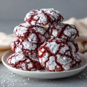 close up of soft fudgy red velvet crinkle cookie