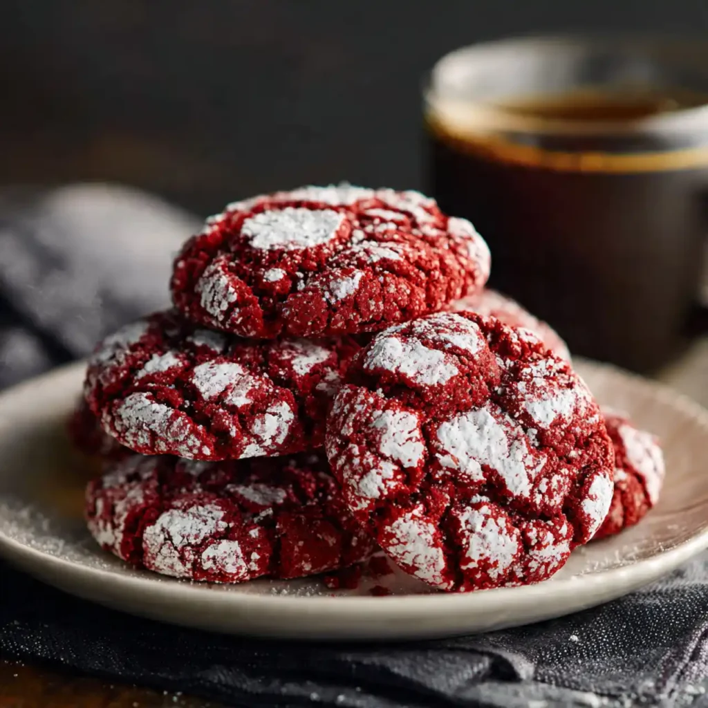 soft fudgy red velvet crinkle cookies served with coffee