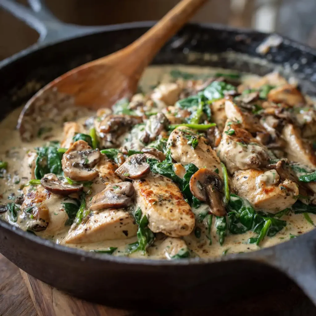 Creamy chicken mushroom spinach served