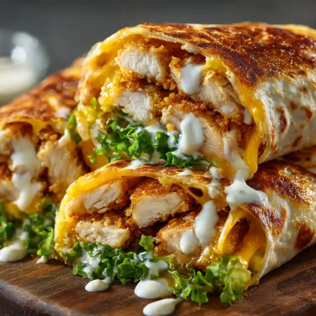 Crispy chicken ranch snack wrap served with ranch dipping sauce