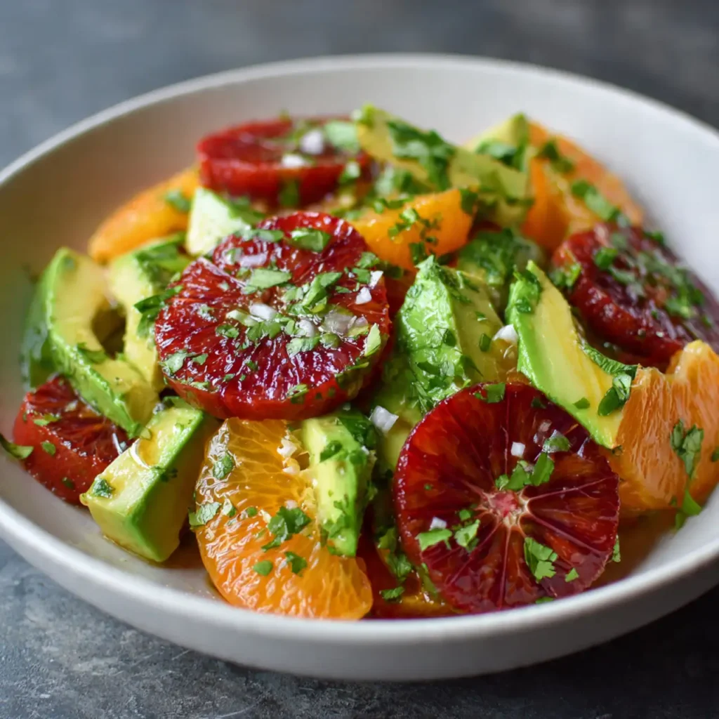 Fresh blood orange avocado salad ready to serve