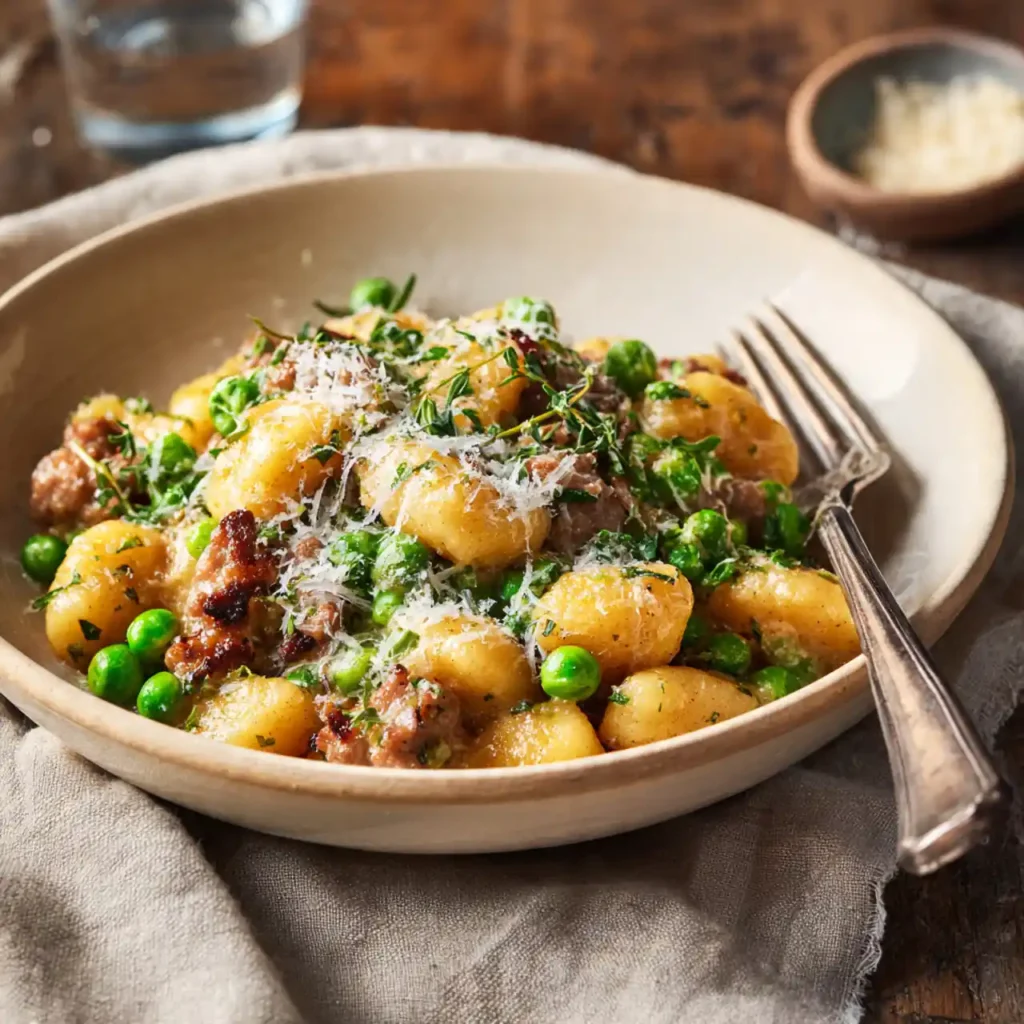 Gnocchi with peas and sausage served