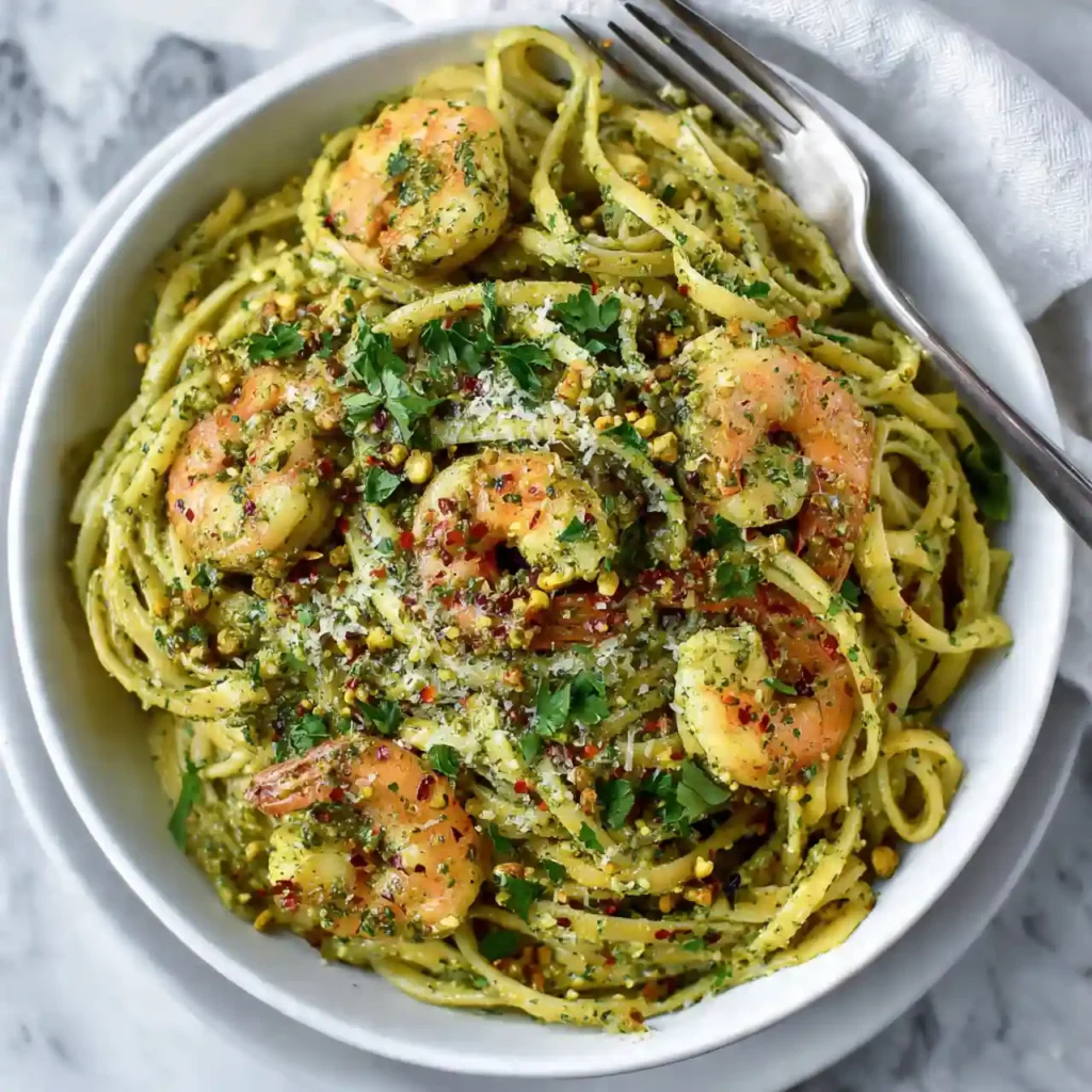Pistachio pesto pasta with shrimp served