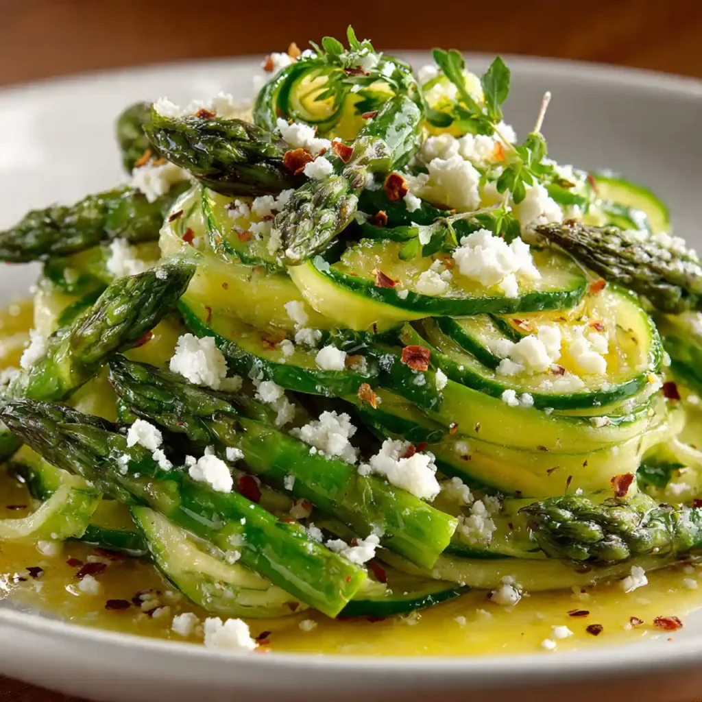 Close-up of shaved asparagus salad with lemon dressing