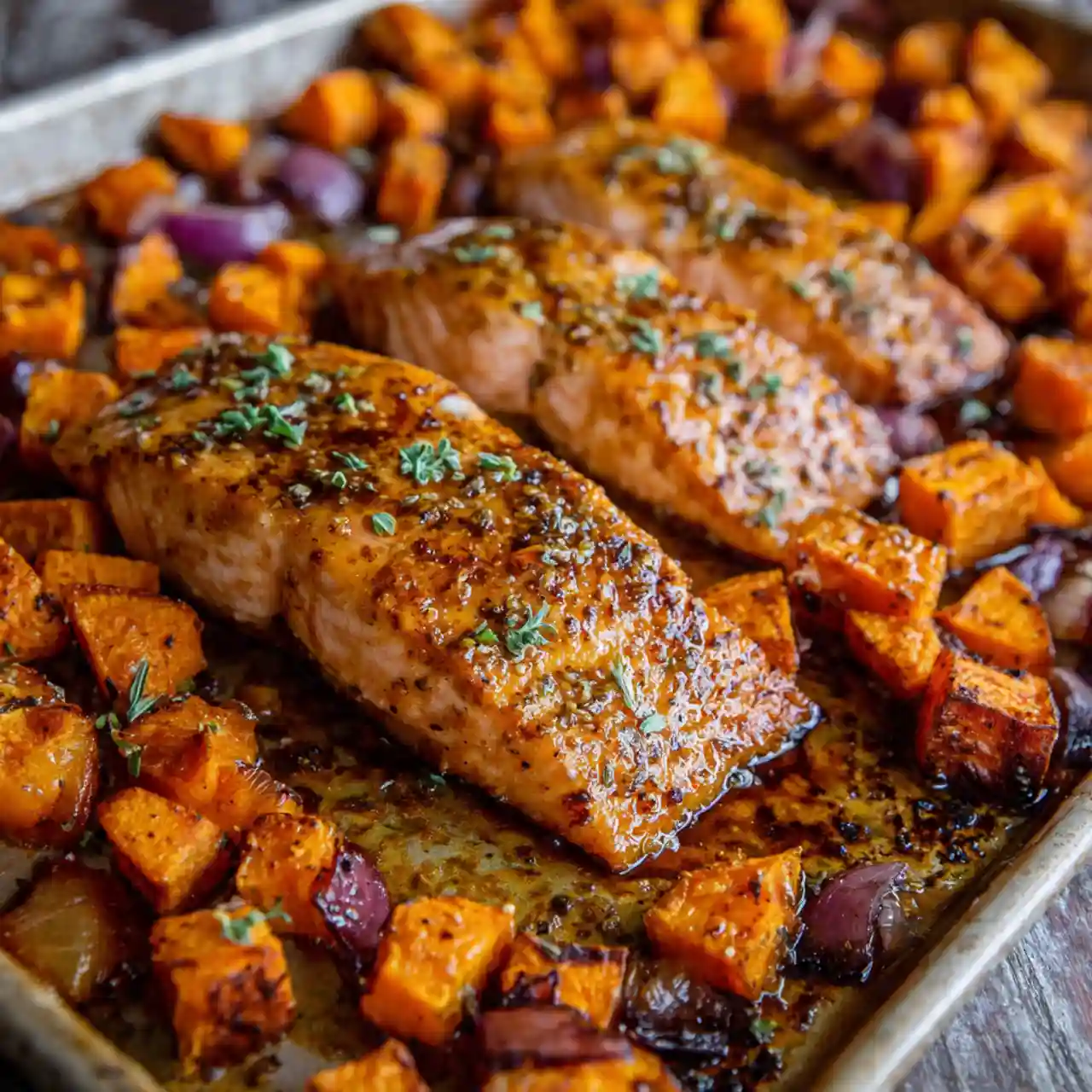 sheet pan maple dijon glazed salmon with sweet potatoes