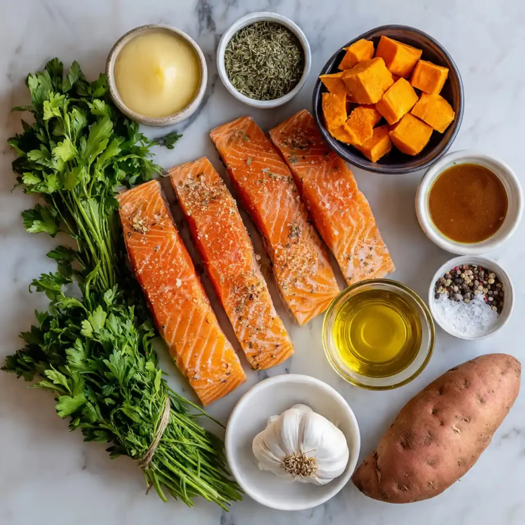 ingredients for sheet pan maple dijon glazed salmon