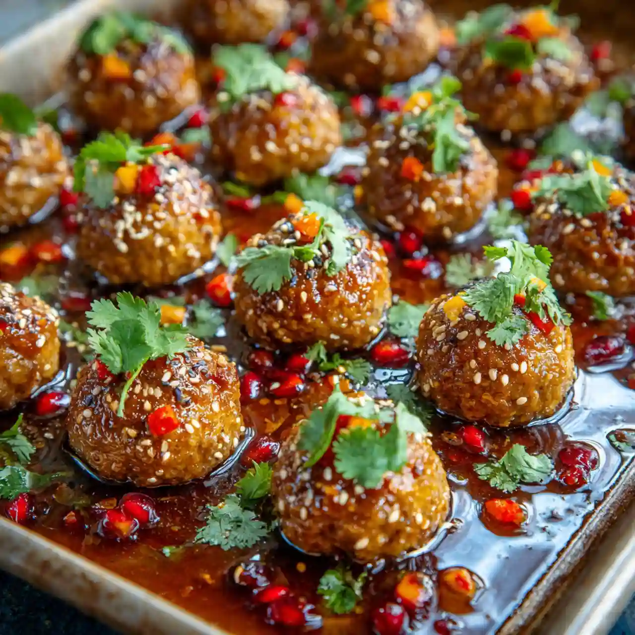 Sheet pan sesame ginger chicken meatballs with sweet chili glaze