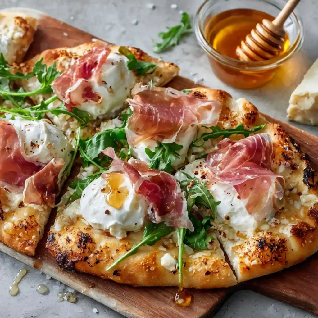 Sliced prosciutto and honey burrata pizza served warm