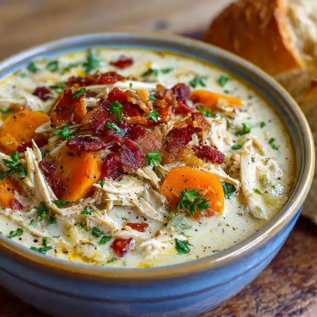 Bowl of slow cooker crack chicken soup ready to serve