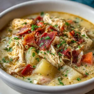 Creamy chicken soup with bacon topping