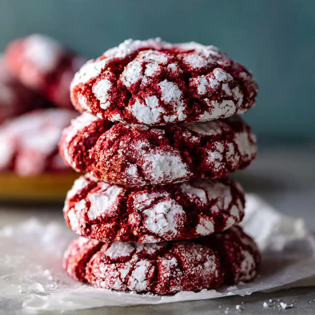 soft and fudgy red velvet crinkle cookies dusted with powdered sugar
