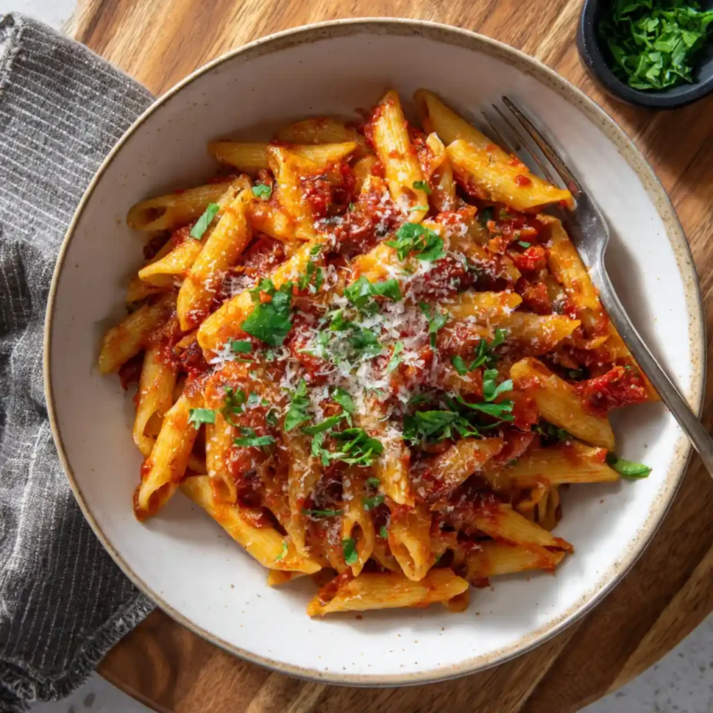 spicy arrabbiata pasta serving suggestion