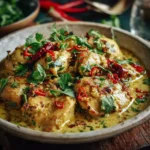 Spicy Brazilian coconut chicken with creamy coconut sauce and cilantro