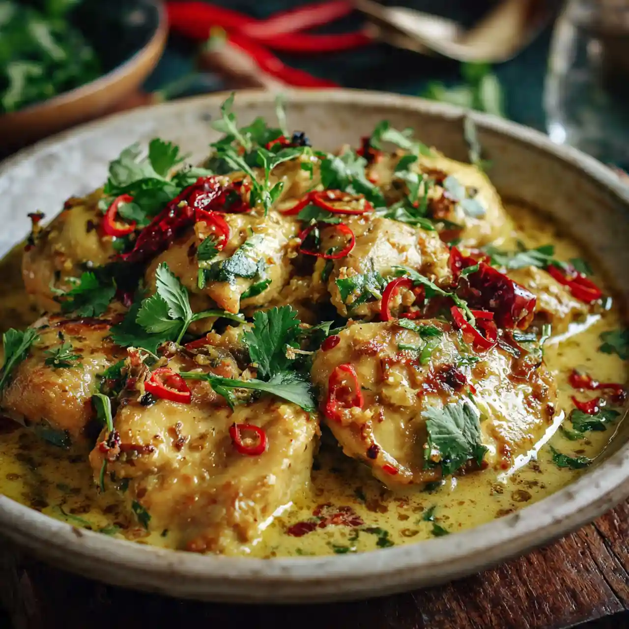 Spicy Brazilian coconut chicken with creamy coconut sauce and cilantro