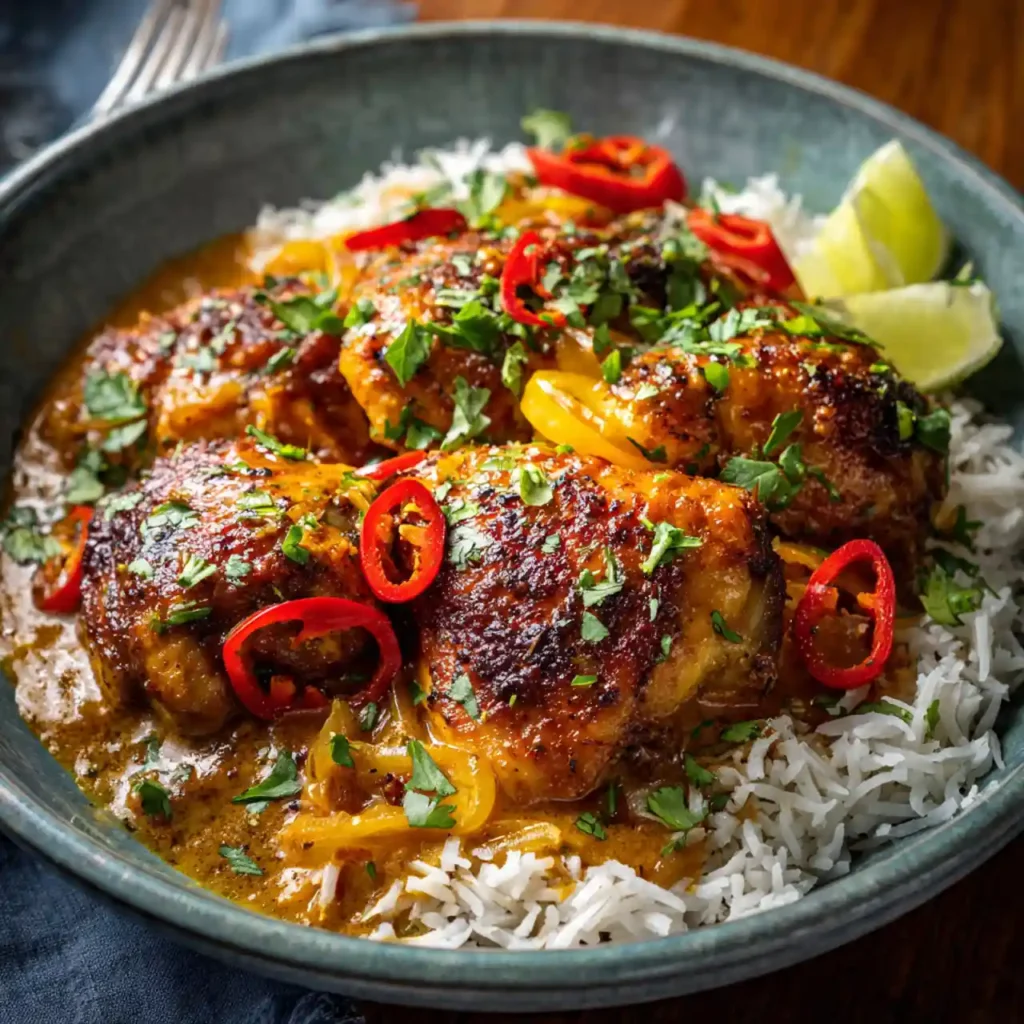 Spicy Brazilian coconut chicken served with rice