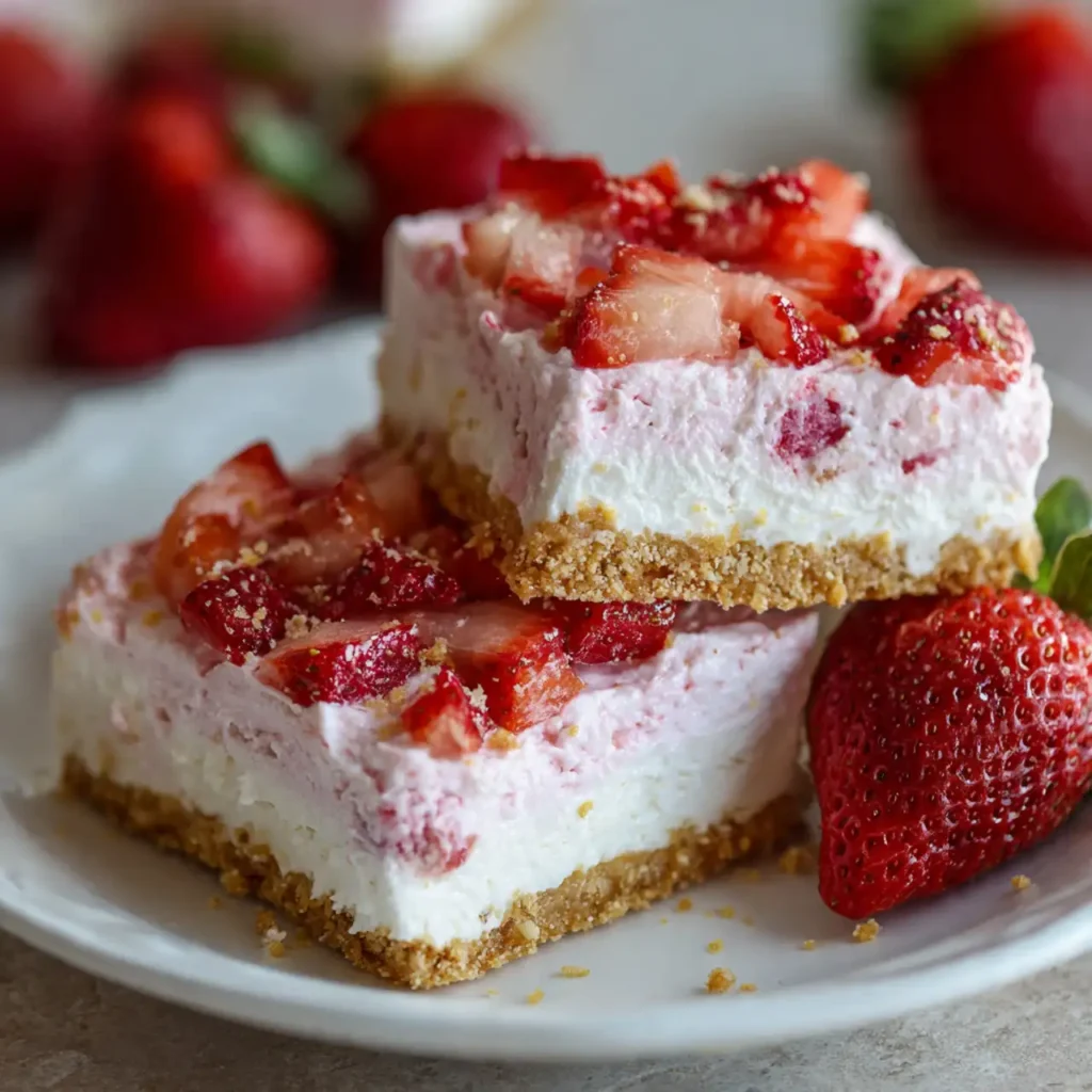 easy no bake strawberry cheesecake bars served on plate