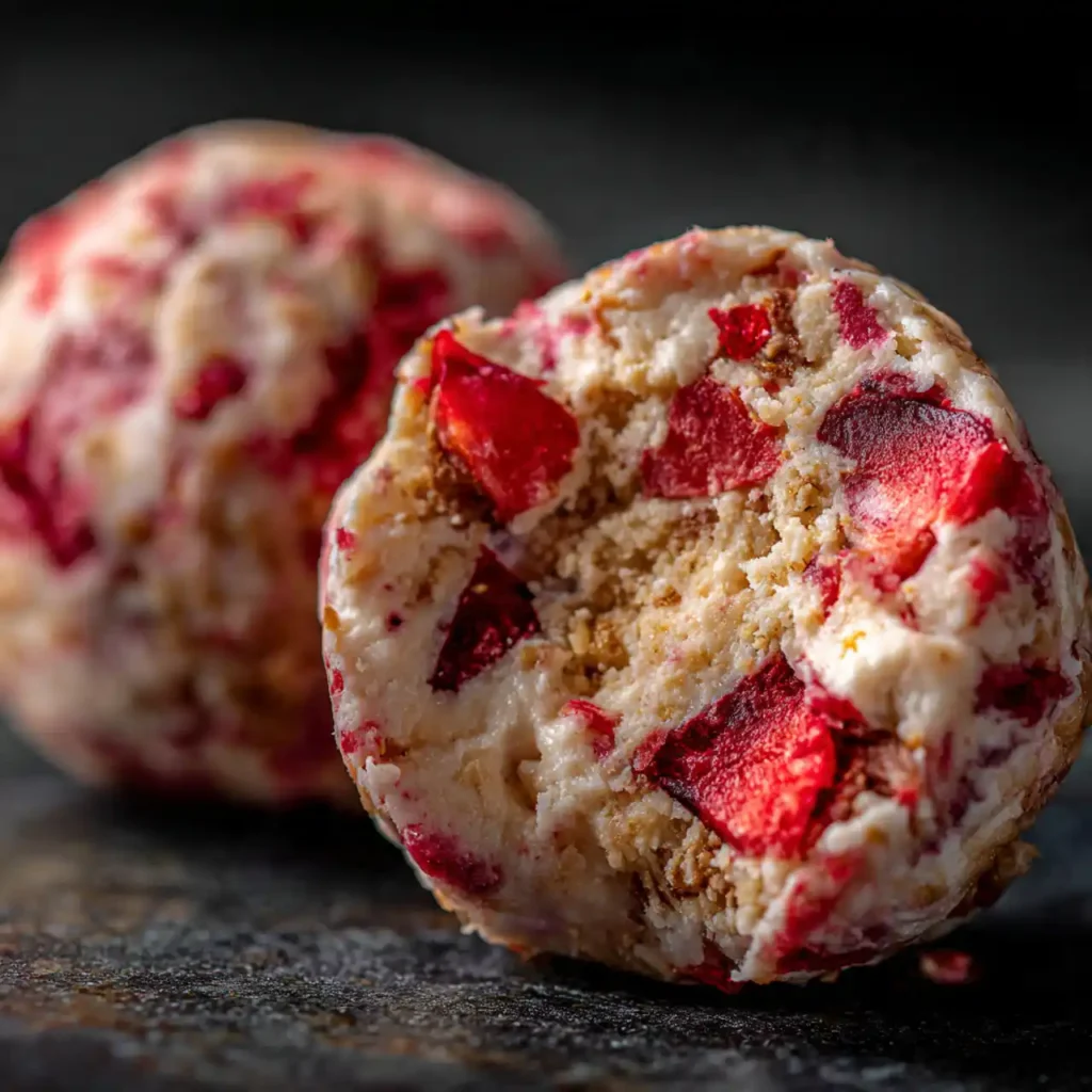 strawberry cheesecake protein balls close up