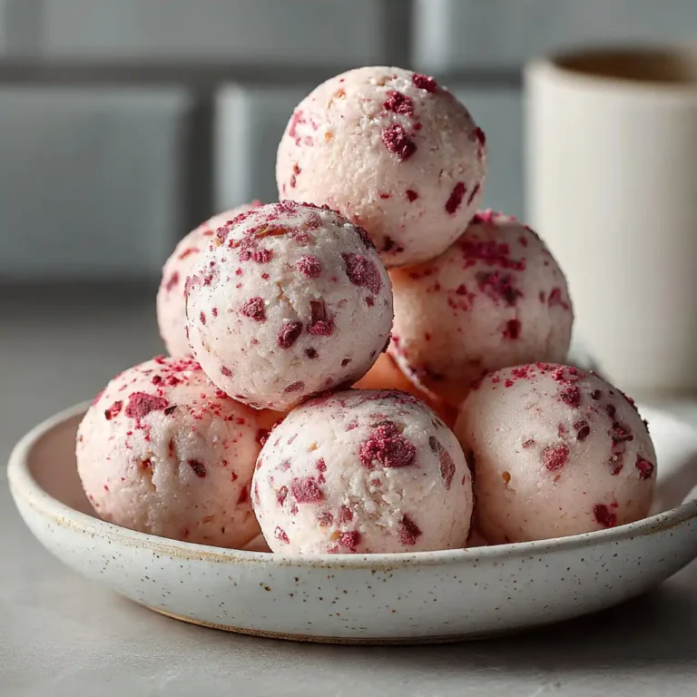 strawberry cheesecake protein balls on plate