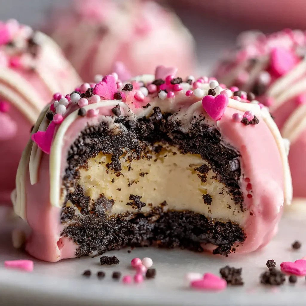 Close-up of Valentine’s Day Oreo truffle with creamy filling