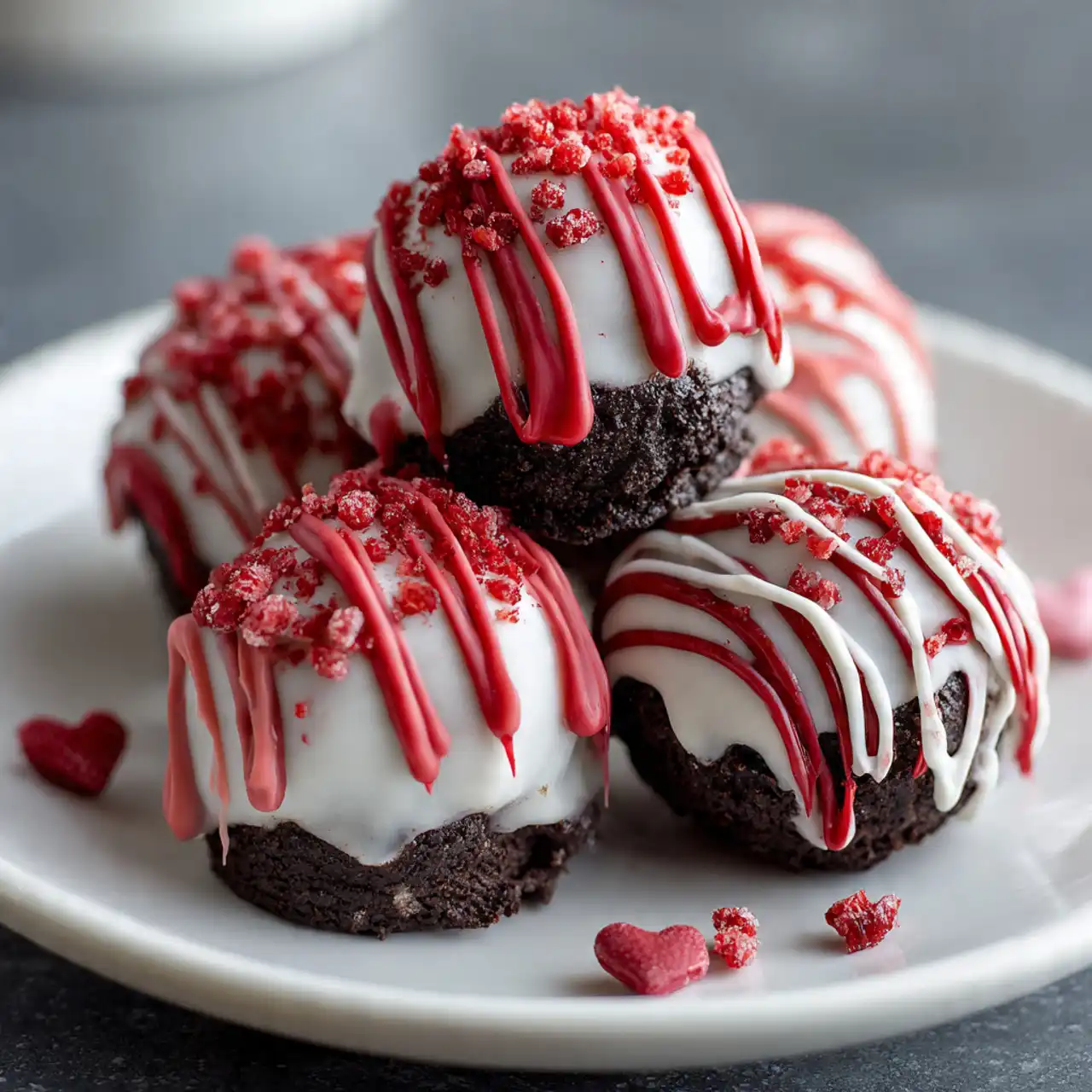 Valentine’s Day Oreo truffles dipped in pink and white chocolate