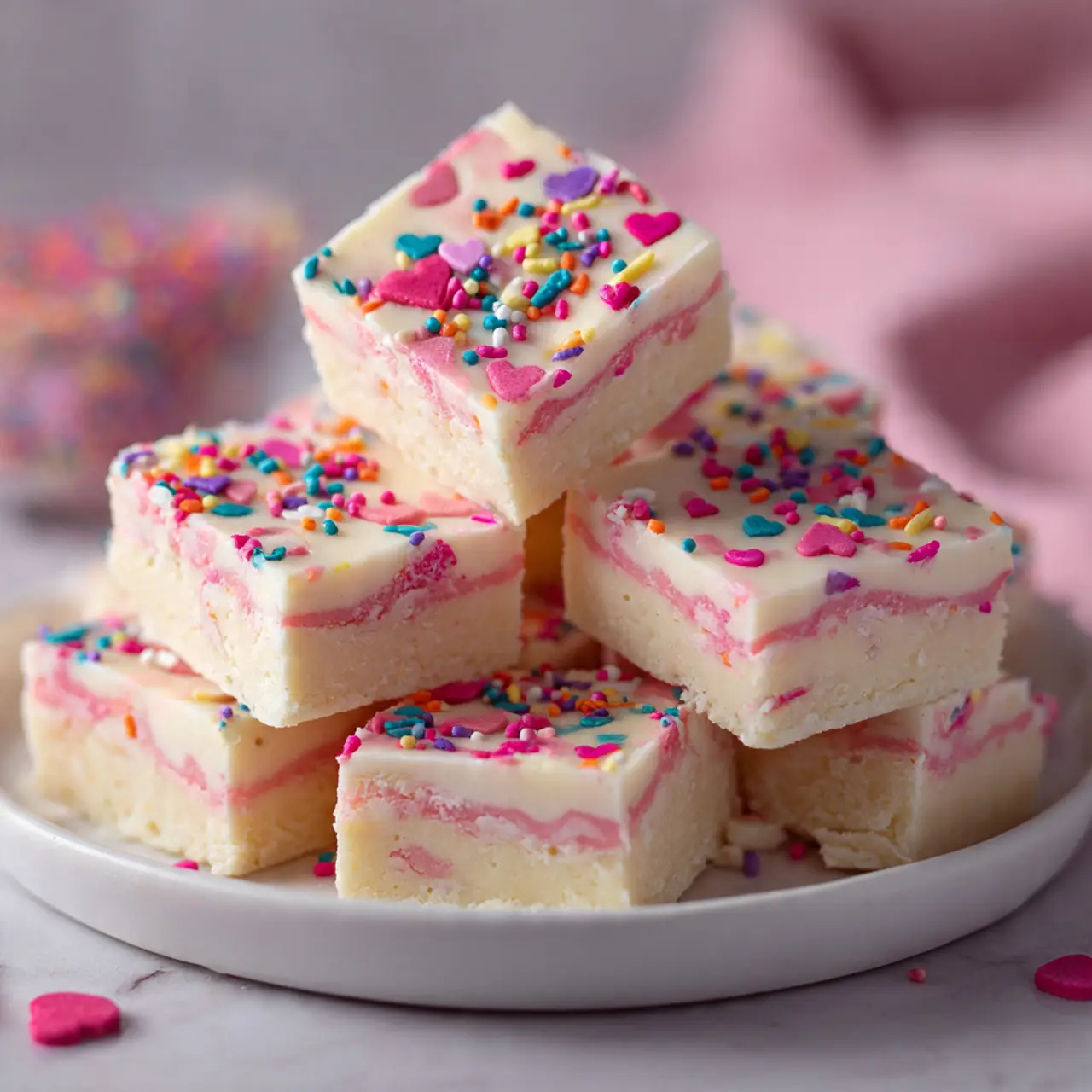 Valentine’s Day sugar cookie fudge squares with sprinkles