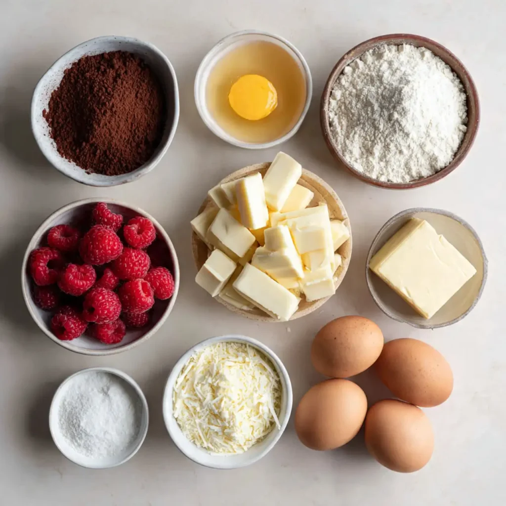 ingredients for easy white chocolate raspberry swirl brownies on counter