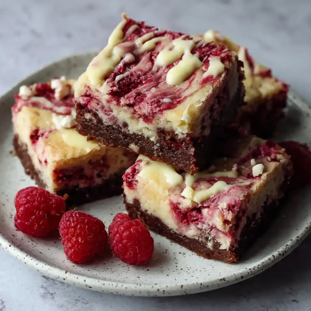 white chocolate raspberry swirl brownies served with fresh raspberries