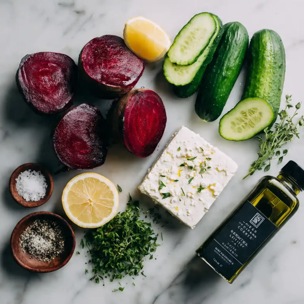 ingredients for beet salad with feta and cucumbers