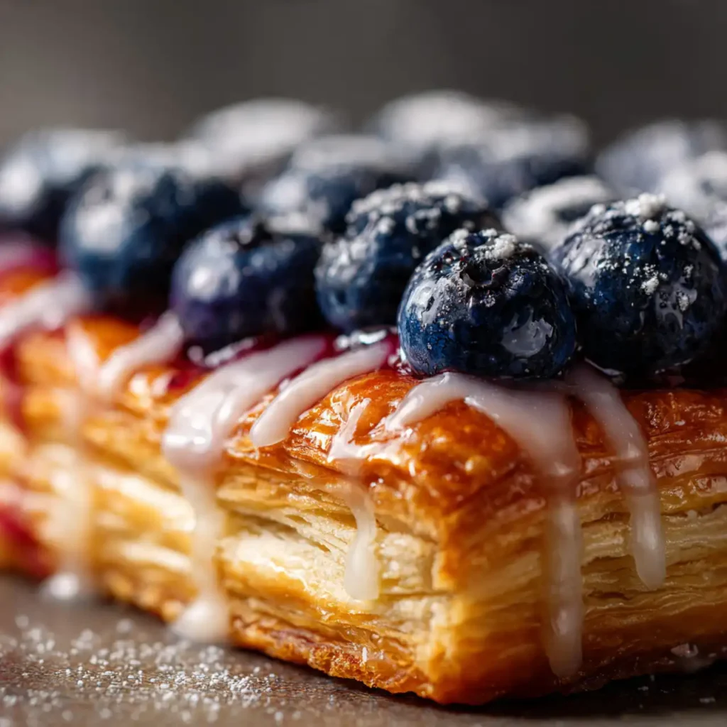Blueberry Puff Pastry Tarts with Lemon Glaze 3 Close-up of blueberry puff pastry tart with lemon glaze