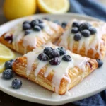 Blueberry puff pastry tarts with lemon glaze on a tray