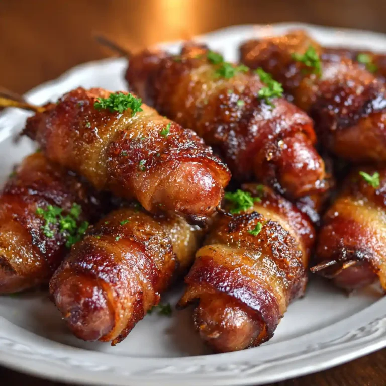Brown sugar bacon wrapped smokies on a serving platter