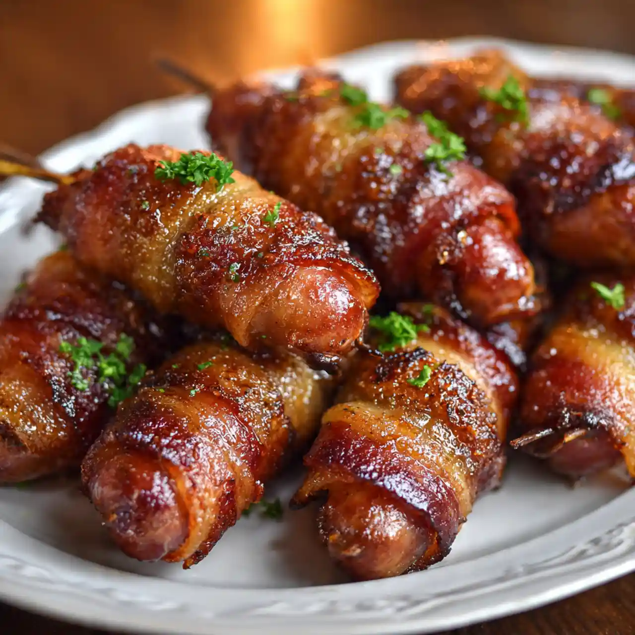Brown Sugar Bacon Wrapped Smokies 1 Brown sugar bacon wrapped smokies on a serving platter