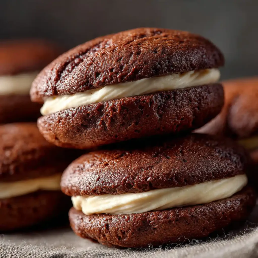 Close-up of chocolate coffee whoopie pies with creamy filling