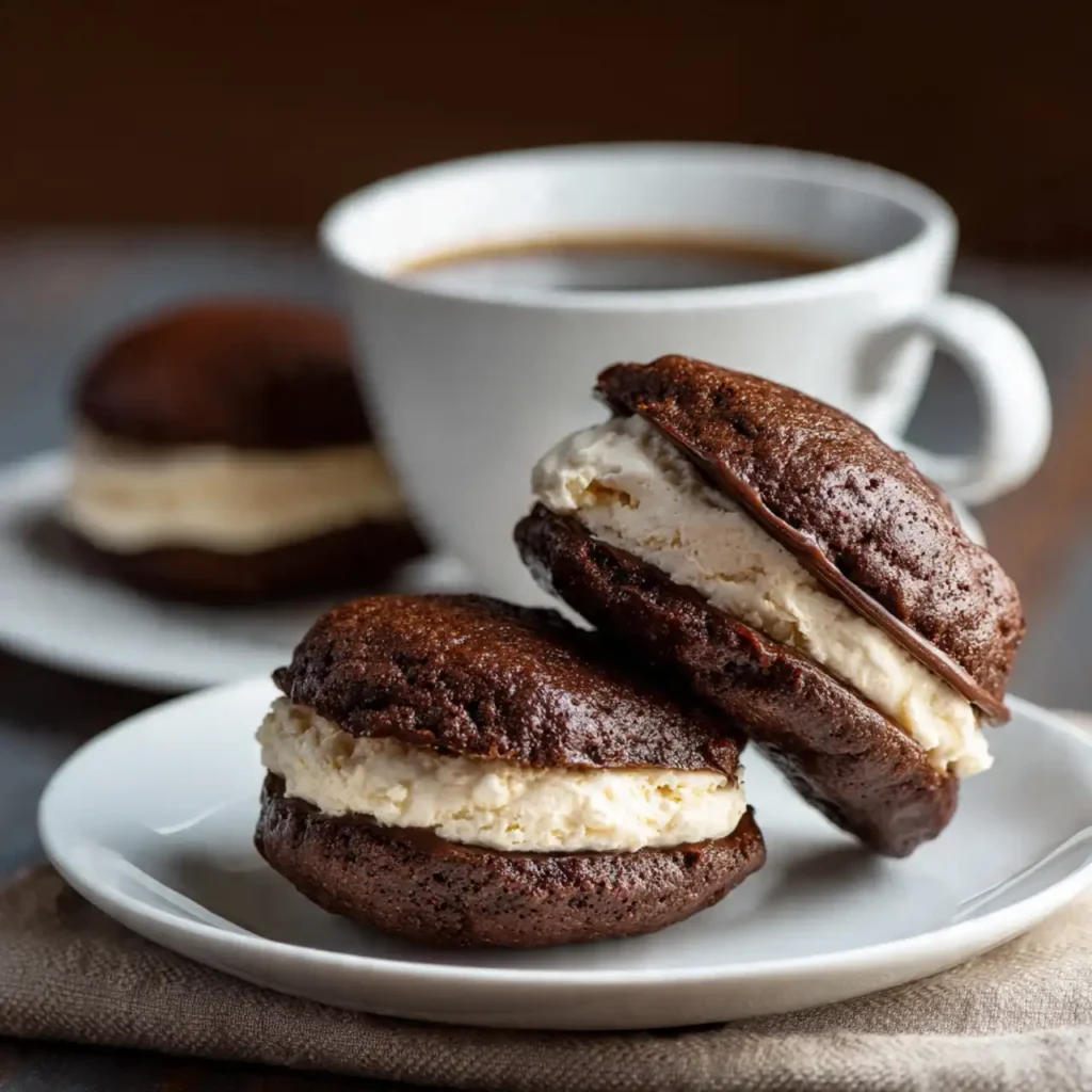 Chocolate coffee whoopie pies served with a cup of coffee